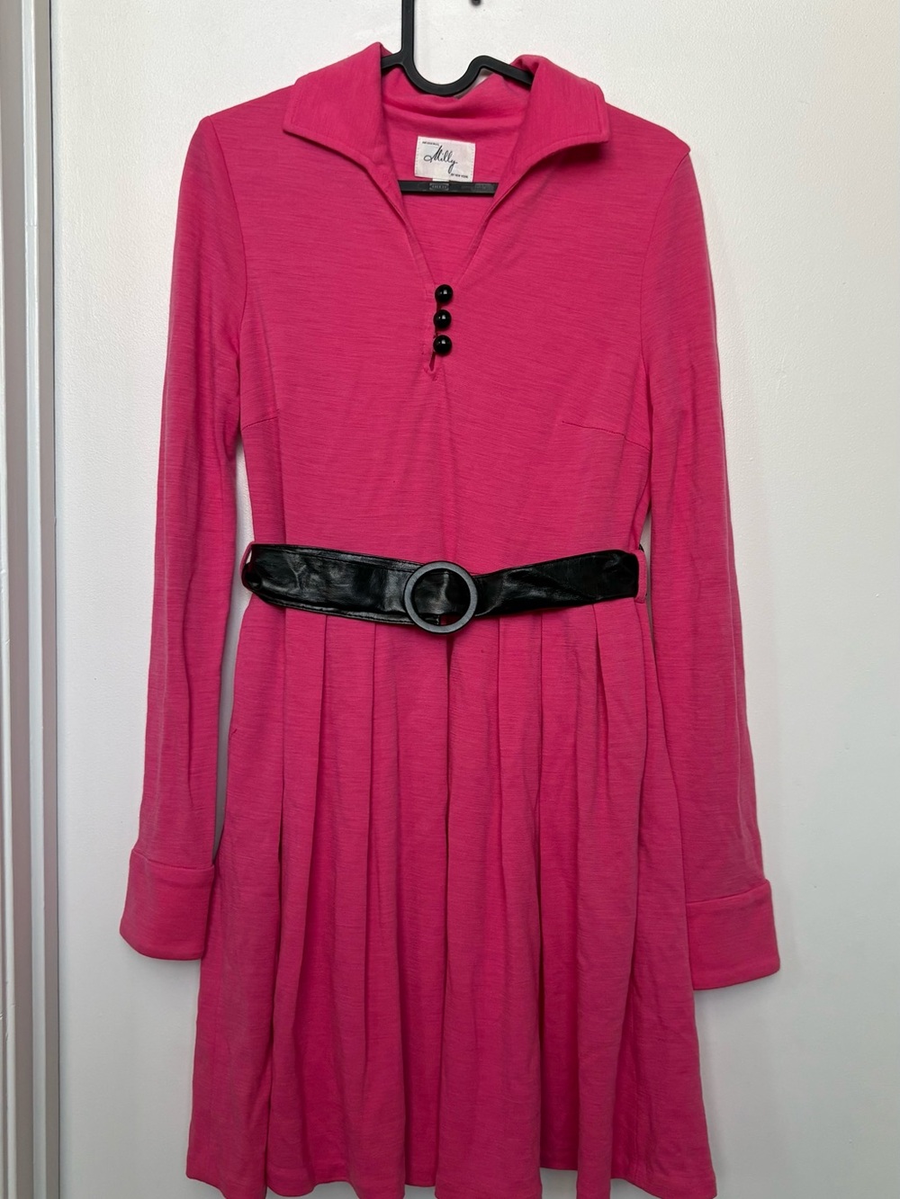 Milly women’s Hot Pink Long-Sleeve Fit & Flare Dress with Black Belt